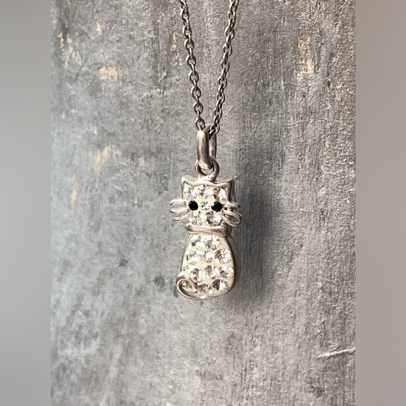 Mini Enamel & Crystal Silver Plated Kitty Cat Whiskers Necklace Kitten Woman’s - Picture 3 of 8